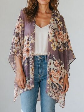 Emory Park Floral Sheer Kimono - Mauve, Cream, Rose